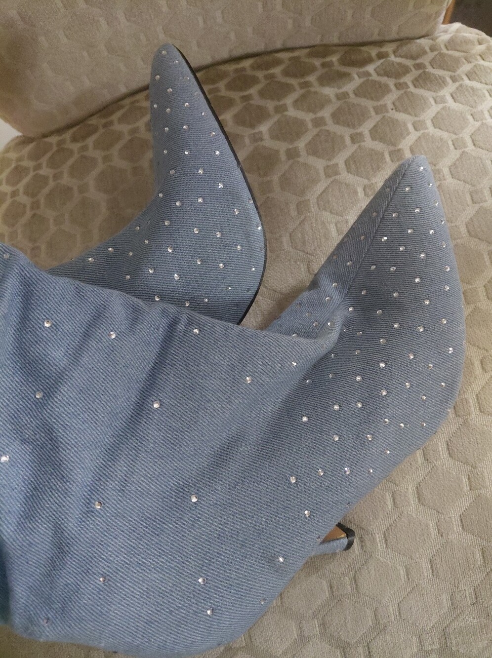 Studded Light Blue Pointed-Toe Heeled Boots